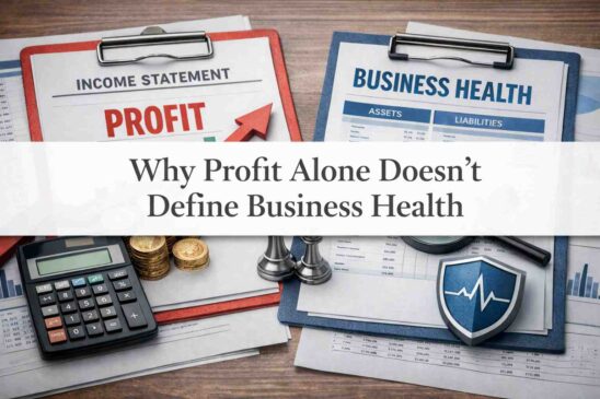 Financial documents and balance sheets on a desk illustrating the difference between profit and overall business health