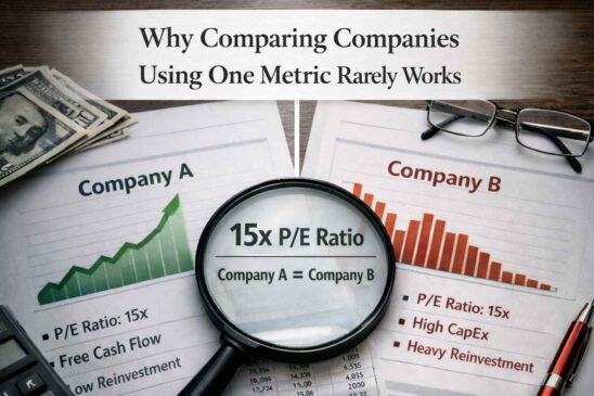 Financial documents and company comparison reports showing identical valuation multiples with structural differences
