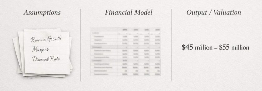 Diagram showing how financial model assumptions translate into valuation outputs