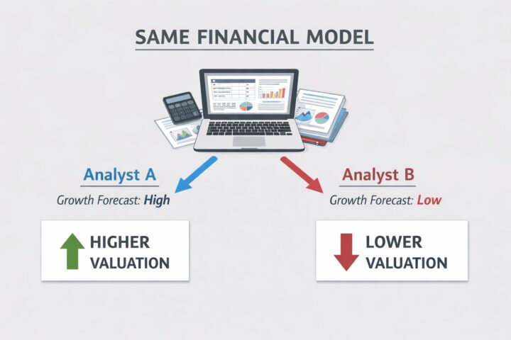Diagram showing how two analysts using the same model can reach different valuation outcomes