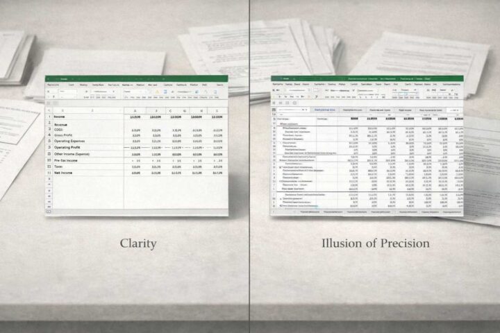 Comparison showing how simple financial models provide clarity while complex models create false precision