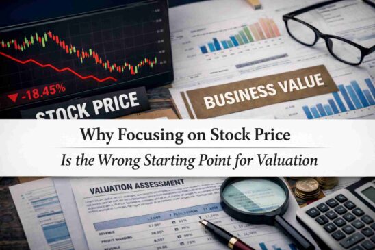 Stock price chart and business valuation documents showing difference between market price and business value