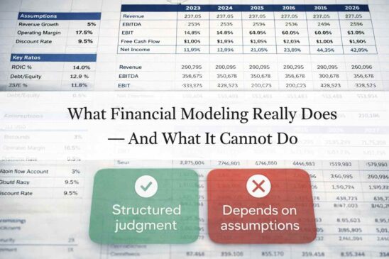 Financial modeling Excel sheet with assumptions, ratios, and valuation outputs