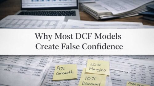 Editorial-style financial modeling desk showing DCF assumptions and valuation outputs