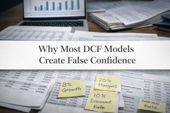Editorial-style financial modeling desk showing DCF assumptions and valuation outputs