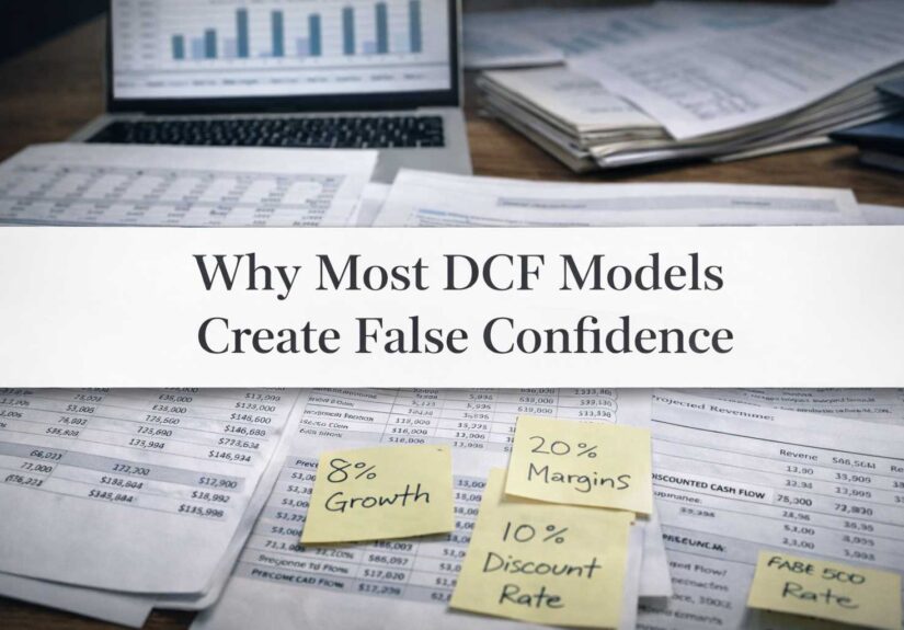 Editorial-style financial modeling desk showing DCF assumptions and valuation outputs