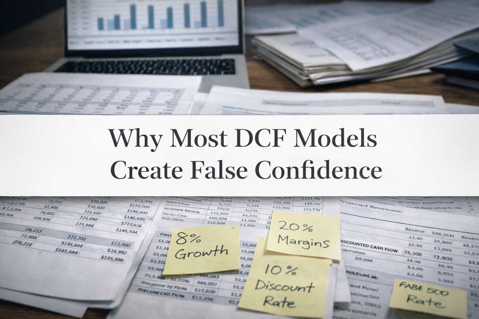 Editorial-style financial modeling desk showing DCF assumptions and valuation outputs