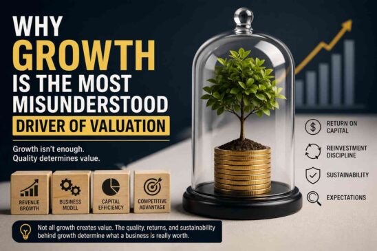 Editorial finance image with documents and a white band showing the title about growth and valuation