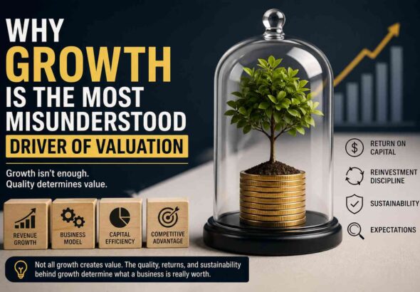 Editorial finance image with documents and a white band showing the title about growth and valuation