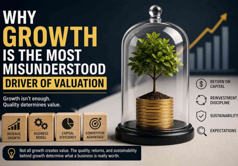 Editorial finance image with documents and a white band showing the title about growth and valuation