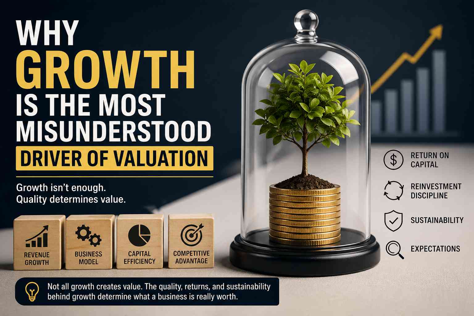 Editorial finance image with documents and a white band showing the title about growth and valuation