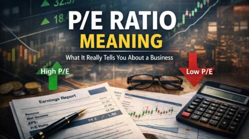 Financial reports and calculator representing price to earnings ratio analysis