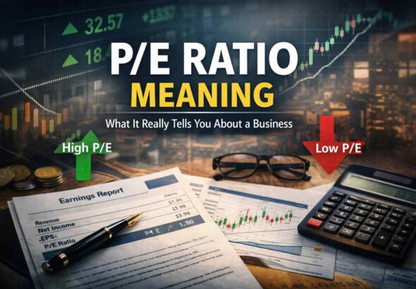 Financial reports and calculator representing price to earnings ratio analysis