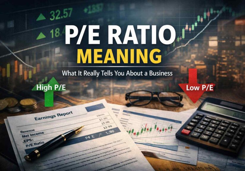Financial reports and calculator representing price to earnings ratio analysis