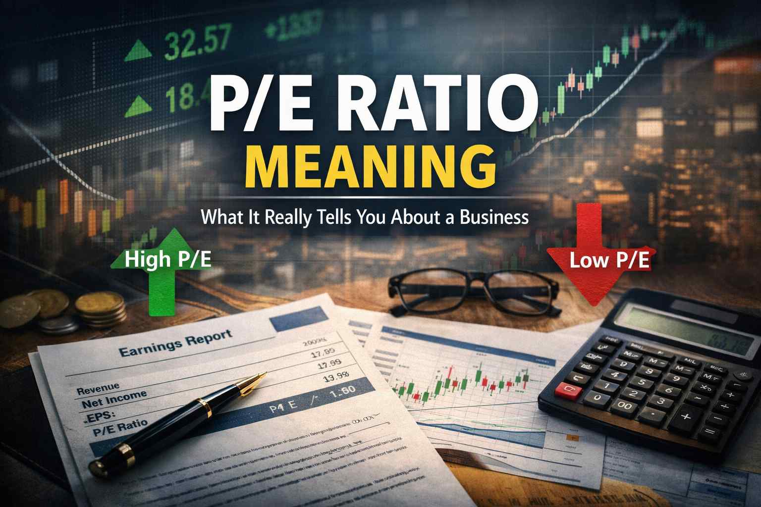 Financial reports and calculator representing price to earnings ratio analysis